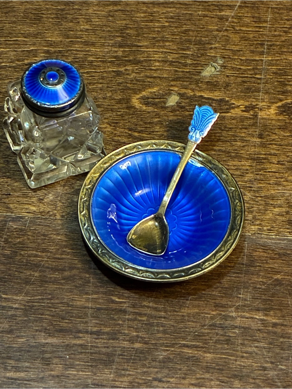 Cobalt Blue Enamel Salt Cellar with Decorative Spoon from Norway sterling silver